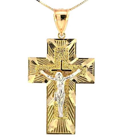 10K Real Gold Two Tone Diamond Cut Double Sided Crucifix Charm with Box Chain