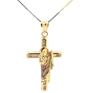 10K Real Gold CZ Saint Jude Cross Charm with Box Chain