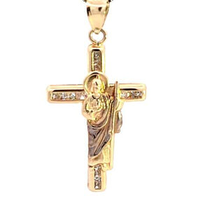 10K Real Gold CZ Saint Jude Cross Charm with Box Chain
