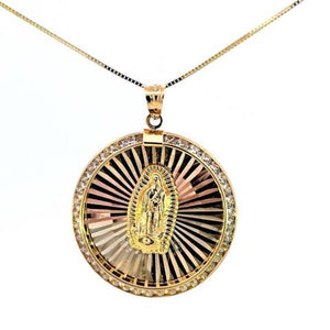 14K Round CZ Tri Color Mother Mary Big Charm with Box Chain