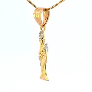 14K Real Gold Two Tone Santa Muerte Medalla Small Charm with Box Chain