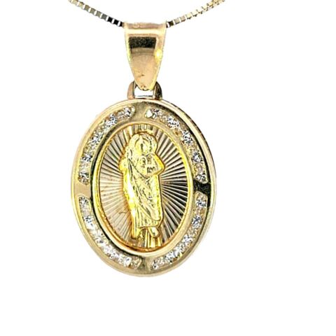10K Real Gold Saint Jude Oval CZ Small Charm with Box Chain