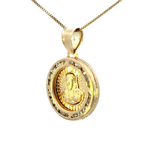 10K Real Gold Round CZ Double Sided Jesus-Mother Mary Small Charm with Box Chain