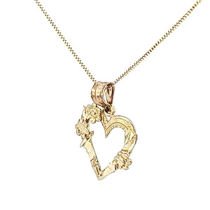 10k Real Solid Yellow Gold D.C Heart with 3 Flower Pendant with Box Chain