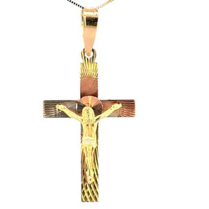 10K Real Gold Tri Color Jesus Crucifix Charm with Box Chain