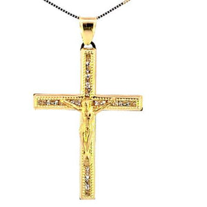 10K Real Gold CZ Cross Jesus Medium Charm with Box Chain