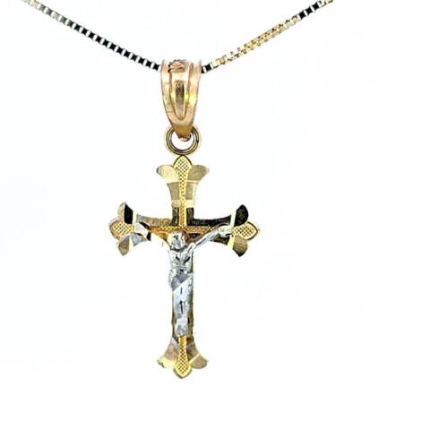 10K Real Gold Two-Tone Diamond Cut Jesus Cross Small Charm with Box Chain