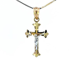 10K Real Gold Two-Tone Diamond Cut Jesus Cross Small Charm with Box Chain