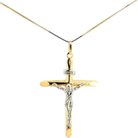 10K Real Gold "INRI" Jesus Tube Cross Medium Charm with Box Chain