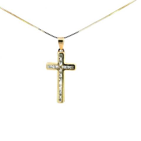 10K Real Gold Medium CZ Cross Charm with Box Chain