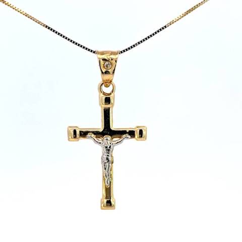 10K Real Gold Two Tone Crucifix Medium Charm with Box Chain