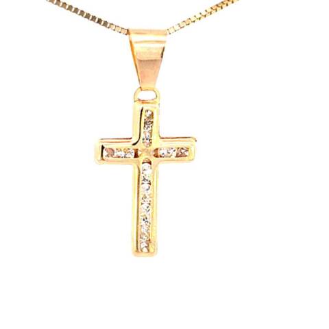 10K Real Gold CZ Small Cross Charm with Box Chain