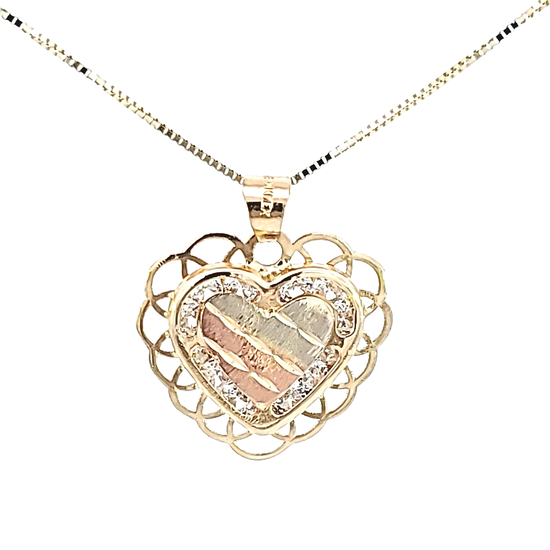 10k Real Solid Gold Tri Color 3 Heart Cz Pendant with Box Chain