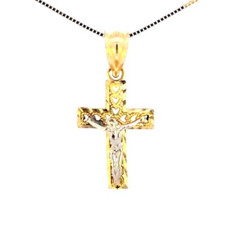10K Real Gold Two Tone Jesus Cross Fancy Heart Design Small Charm with Box Chain