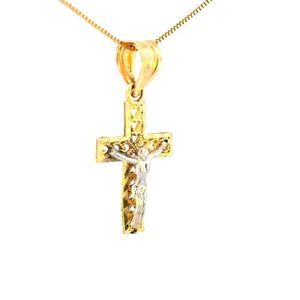 10K Real Gold Two Tone Fancy Jesus Cross Small Charm with Box Chain