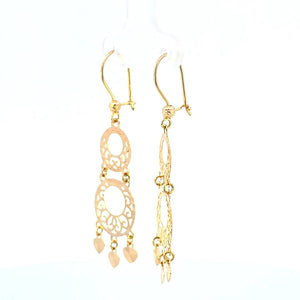 14K Real Gold Long Dangling Round Chandelier Earring 2 Inches Diamond Cut