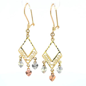 14K Real Gold Tri Color Fancy Triangle Chandelier 1.5Inches Earrings for Girls