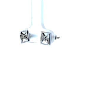 14K Real White Gold CZ Stud Square Shape Earrings