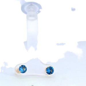 14K Real Gold Blue Zircon Round Stud Earrings