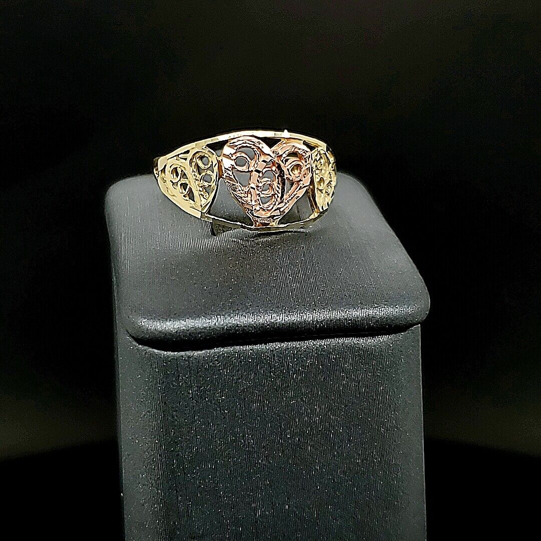 Real 10K Solid Two Tone Yellow & Rose Gold 3 Heart Ring For Women