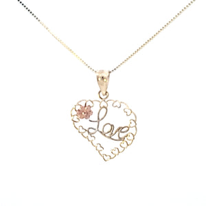 10K Solid Real Gold Valentine Heart with Love & Flower Charm/Pendant with Box Chain