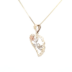 10K Solid Real Gold Valentine Heart with Love & Flower Charm/Pendant with Box Chain