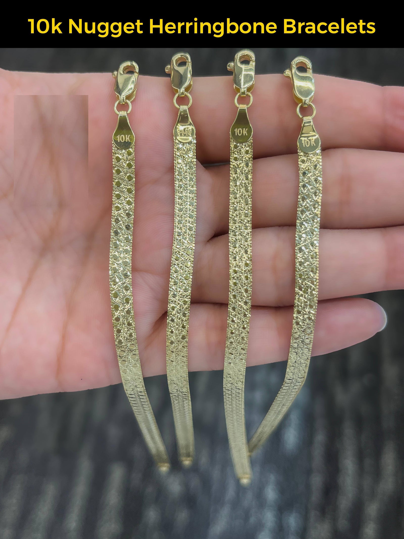 Real 10K Yellow Gold Nugget Herringbone Bracelets - Gifts For Him / Her