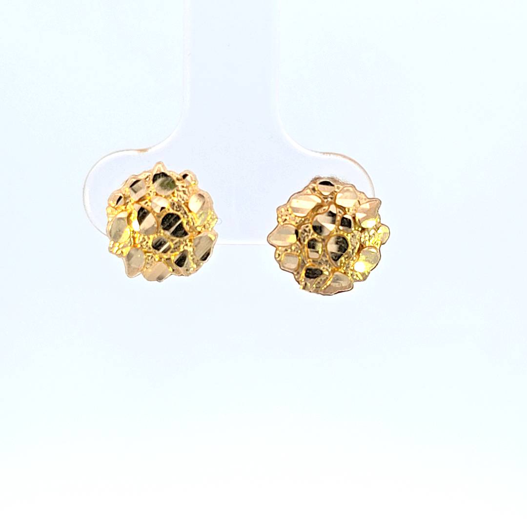 10K Real Gold 10MM Diameter Round Nugget Hip Hop Style Stud Earrings