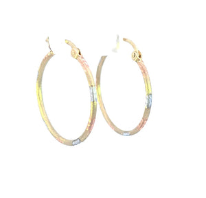 10K Real Gold Tri Color Diamond Cut Medium Hoops Earrings for Girls, Women's