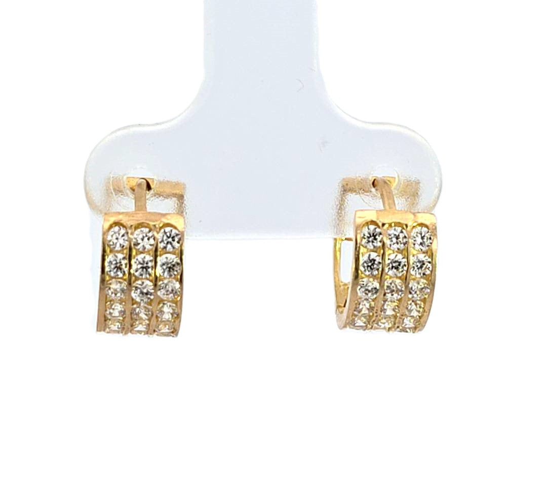 10K Real Gold 3-Row CZ Hoop Small Earrings
