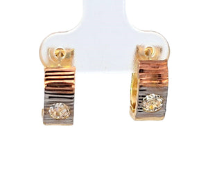 10K Real Gold Tri Color Solitaire Small Huggie Hoop Earrings