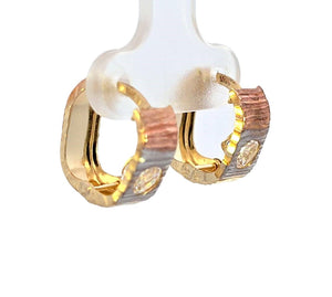 10K Real Gold Tri Color Solitaire Small Huggie Hoop Earrings