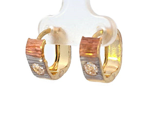 10K Real Gold Tri Color Solitaire Small Huggie Hoop Earrings