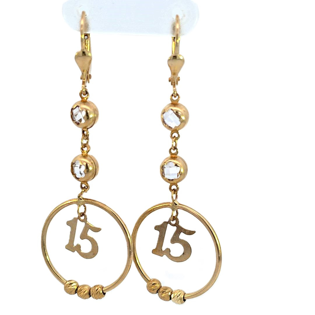 10K Real Gold "15 Anos" Long Fancy Hoop Dangle CZ Earrings for Girls, Women's