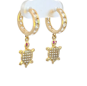 10K Real Gold MicroPave CZ Turtle with Red Stone Small Hoop Earrings