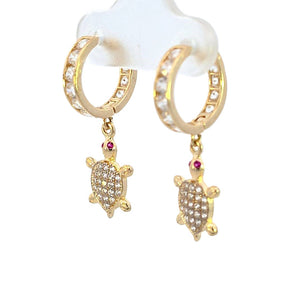 10K Real Gold MicroPave CZ Turtle with Red Stone Small Hoop Earrings