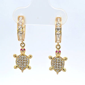 10K Real Gold MicroPave CZ Turtle with Red Stone Small Hoop Earrings