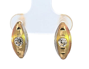 10K Real Gold Tri Color CZ Solitaire Diamond Cut Oval Hoop Earrings