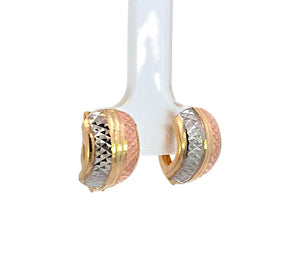 10K Real Gold Tri Color Diamond Cut Fancy Huggie Hoop Earrings.