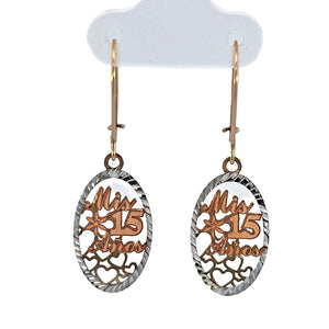 10K Real Gold TC "Miss 15 Anos" Oval Shape With Hearts Dangle Hoop Earrings