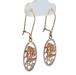 10K Real Gold TC "Miss 15 Anos" Oval Shape With Hearts Dangle Hoop Earrings