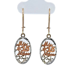 10K Real Gold TC "Miss 15 Anos" Oval Shape With Hearts Dangle Hoop Earrings
