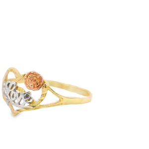 10K Real Gold Tri Color Heart Love with Rose Fancy Ring for Women