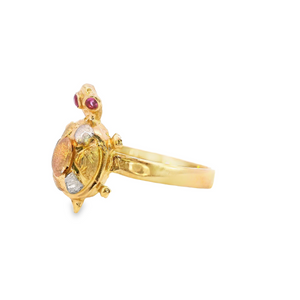 10K Real Gold Tri Color Good Luck Turtle with CZ Ruby Eyes Ring