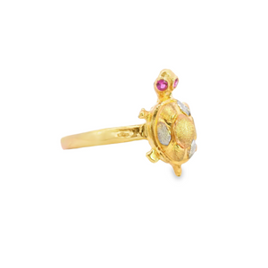 10K Real Gold Tri Color Good Luck Turtle with CZ Ruby Eyes Ring