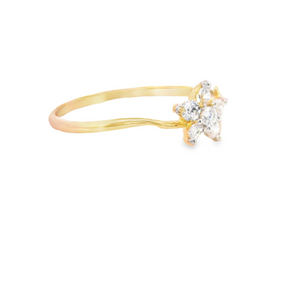 10K Real Gold CZ Flower with Leaf Round Ring for Women