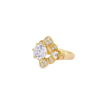 10K Real Gold CZ Solitaire Round Floral Shape Ring for Women