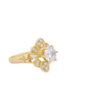 10K Real Gold CZ Solitaire Round Floral Shape Ring for Women