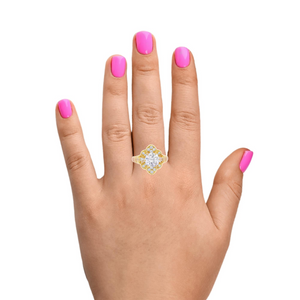 10K Real Gold CZ Solitaire Round Floral Shape Ring for Women