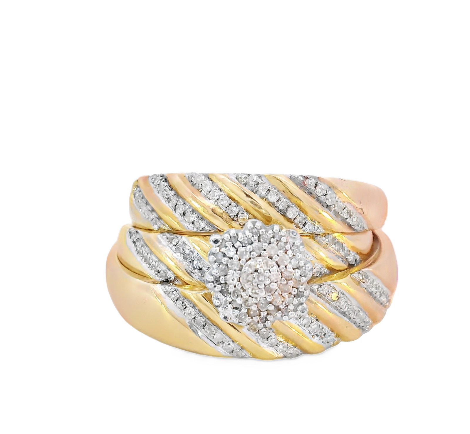 10K Real Gold Two Tone Micro Pave 0.15 CT Diamond Trio Ring Set